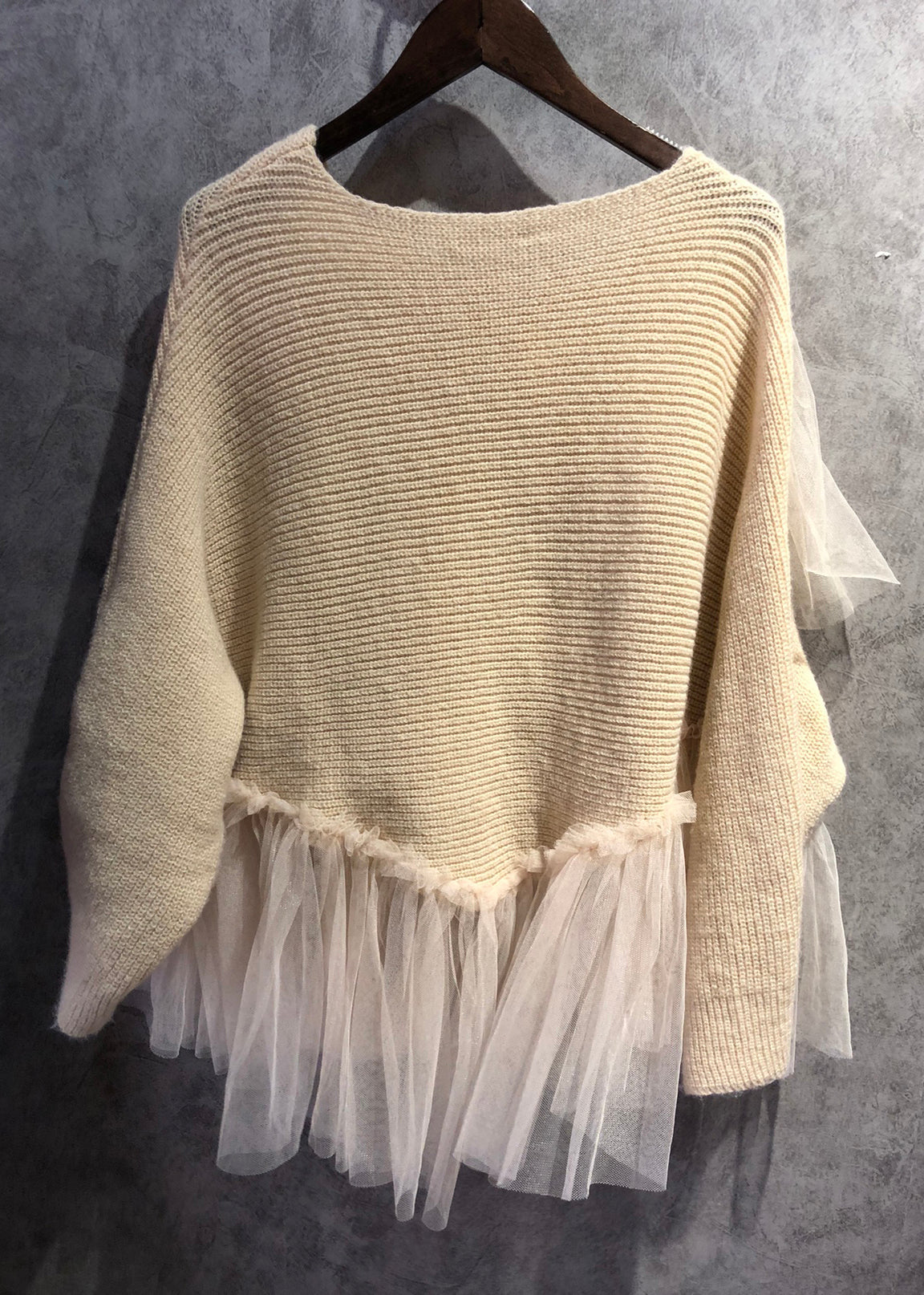 Art Beige O Neck Tulle Patchwork Knit Sweater Spring