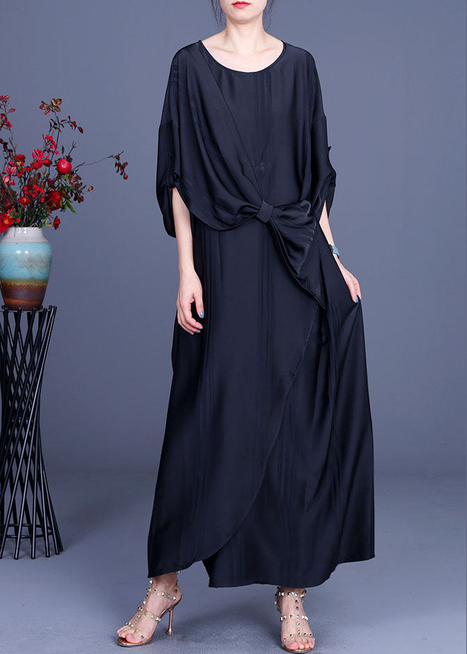 Art Black Asymmetrical Butterfly Silk Party Dress Half Sleeve