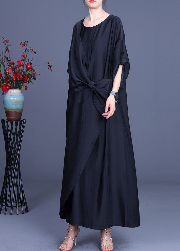 Art Black Asymmetrical Butterfly Silk Party Dress Half Sleeve