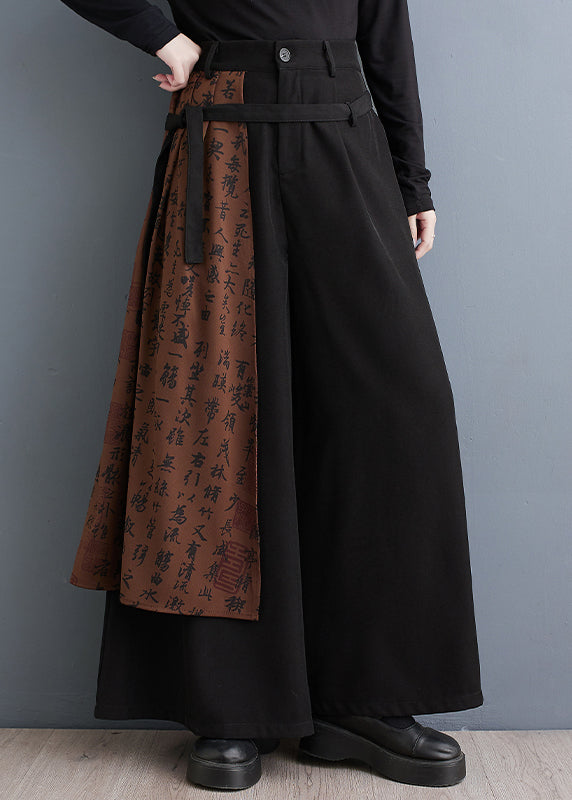 Art Black Asymmetrical Patchwork Cotton Wide Leg Pants Spring