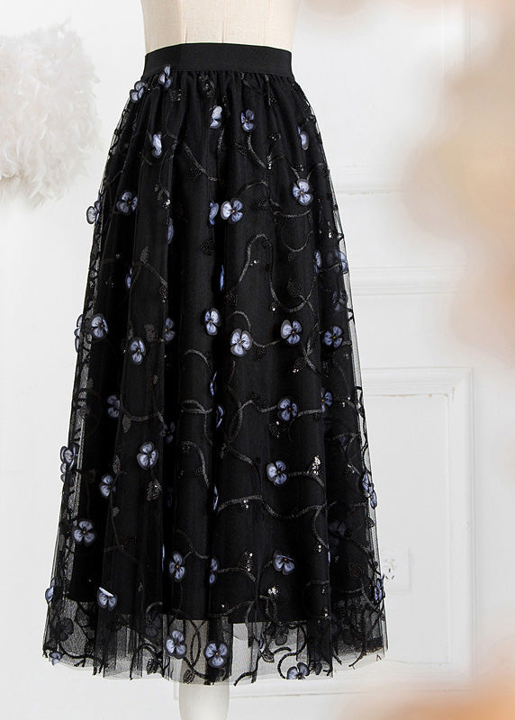 Art Black Embroideried Floral High Waist Tulle Pleated Skirts Spring