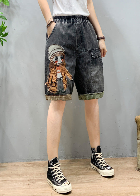 Art Black Grey Elastic Waist Cartoon Girl Denim Shorts Summer