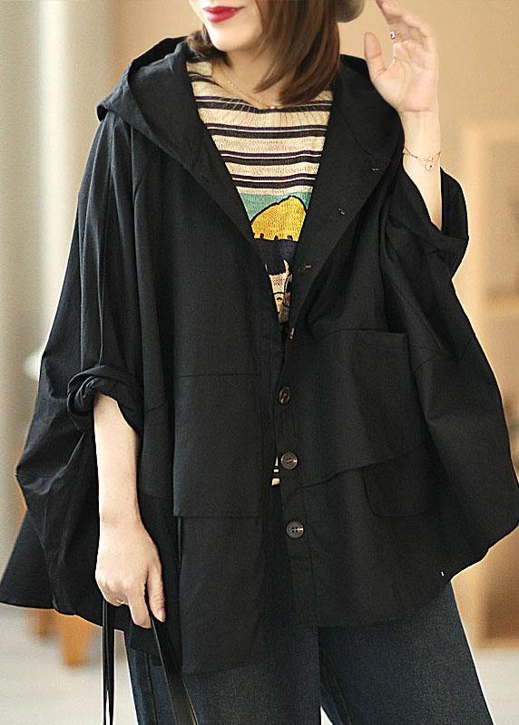 Art Black Loose Pockets Button Fall Hooded Coat Long sleeve