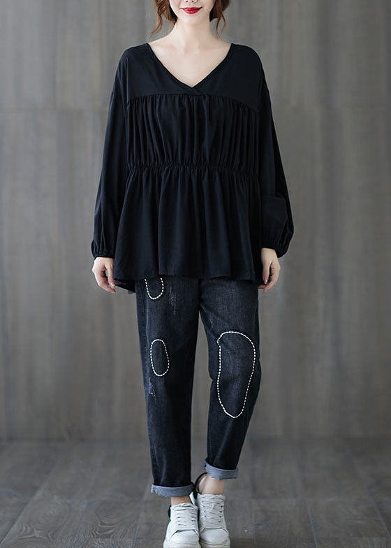 Art Black Loose lantern sleeve Casual Fall Shirts