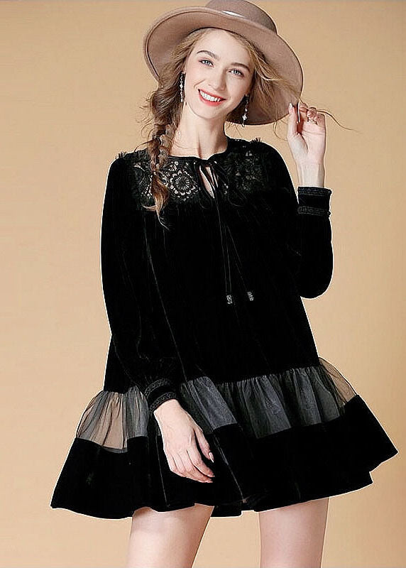 Art Black O Neck Embroideried Patchwork Velour Dresses Spring