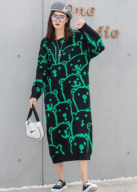 Art Black O-Neck Loose Knit Fall Ankle Dress Long sleeve