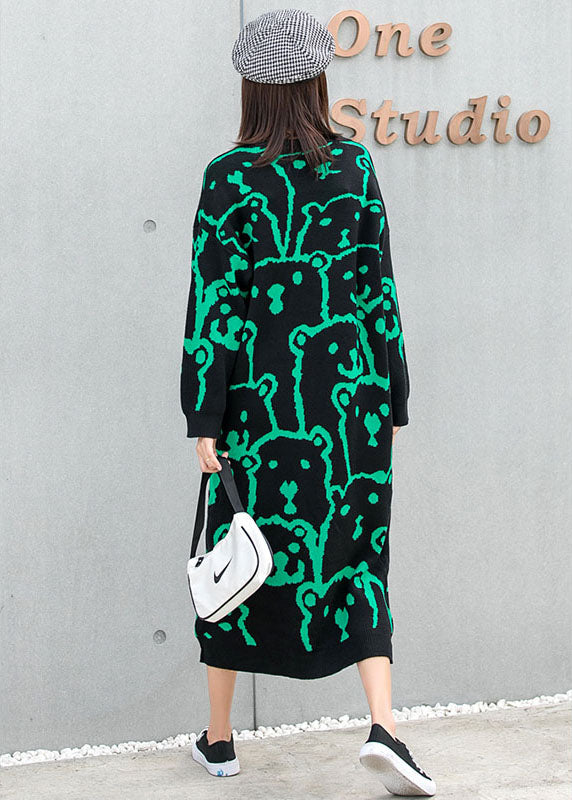 Art Black O-Neck Loose Knit Fall Ankle Dress Long sleeve