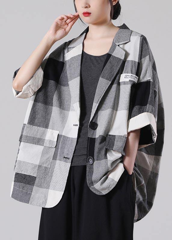 Art Black Plaid Cotton Linen Summer Coat