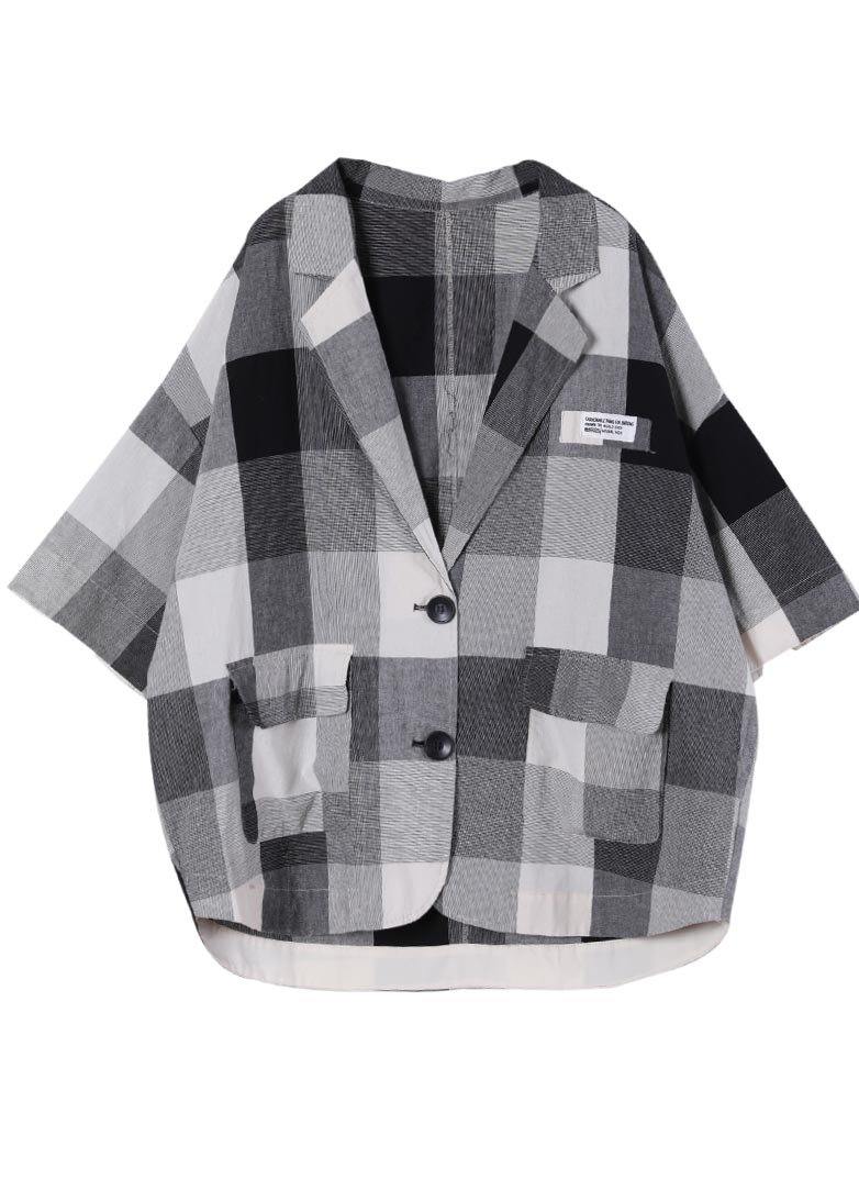 Art Black Plaid Cotton Linen Summer Coat