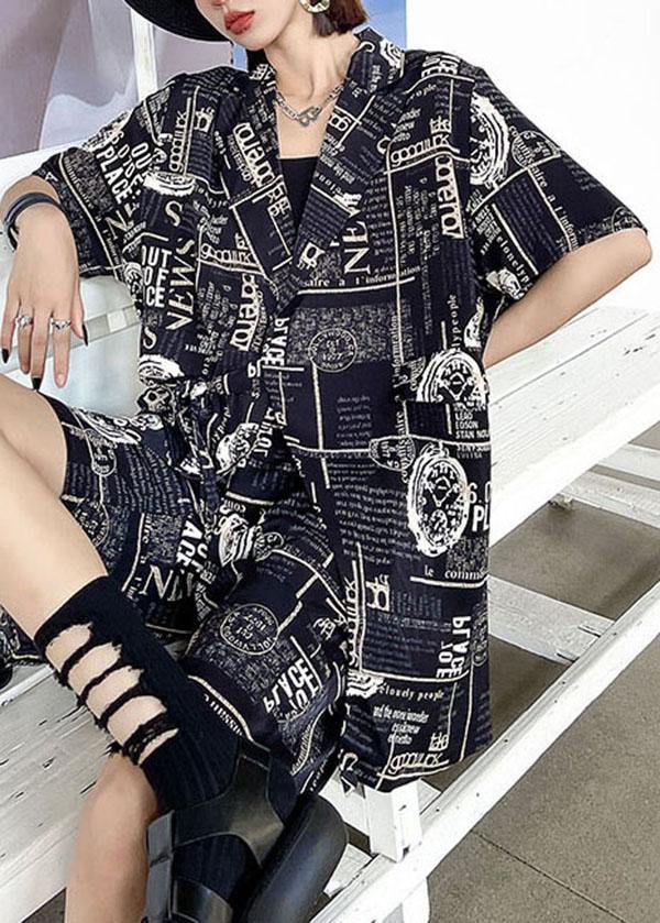 Art Black Print Summer Cinched Linen Short Sleeve Two Piece Suit Set