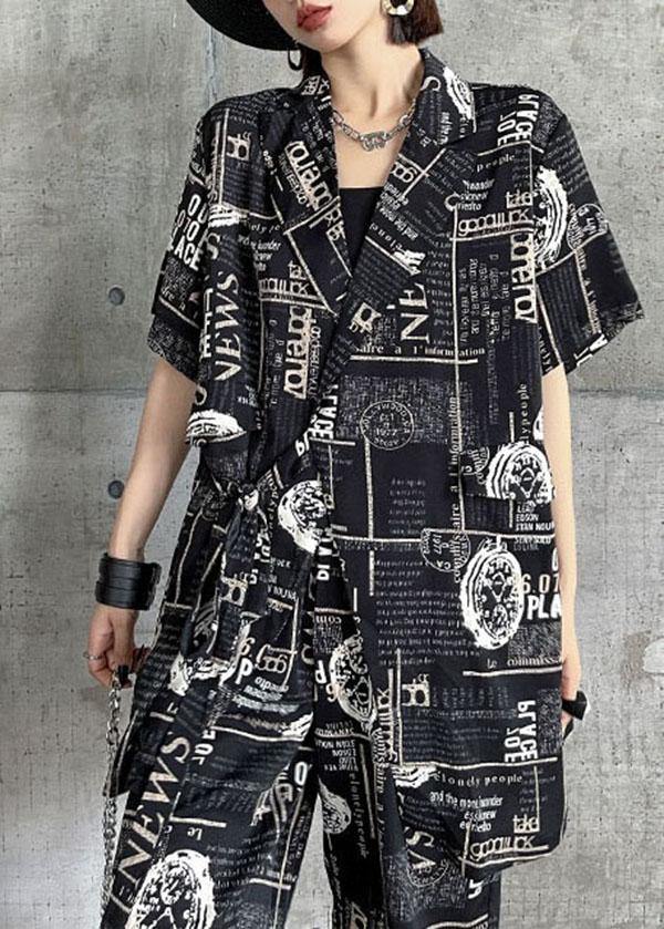 Art Black Print Summer Cinched Linen Short Sleeve Two Piece Suit Set