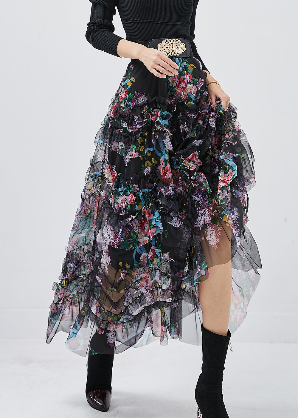 Art Black Ruffled Print Tulle Holiday Skirt Spring