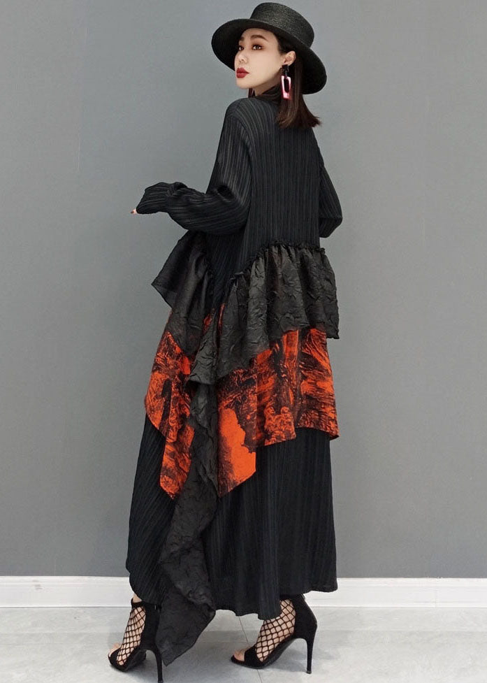 Art Black V Neck Asymmetrical Patchwork Ruffles Dresses Long Sleeve