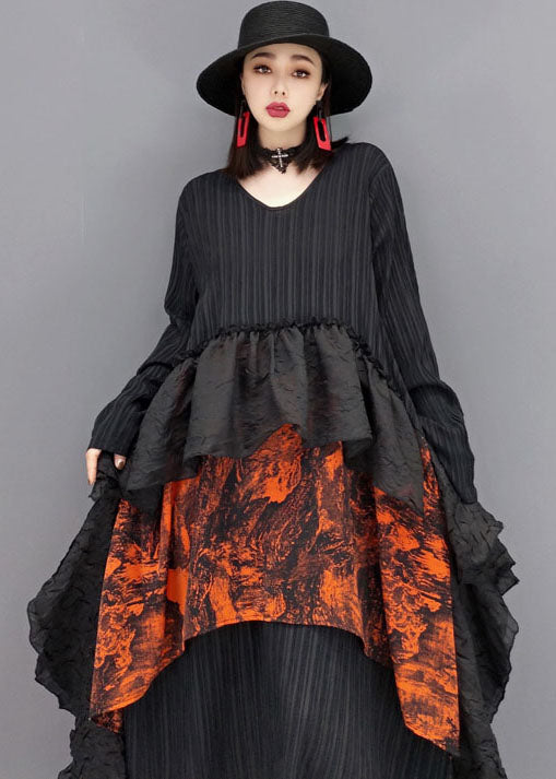 Art Black V Neck Asymmetrical Patchwork Ruffles Dresses Long Sleeve