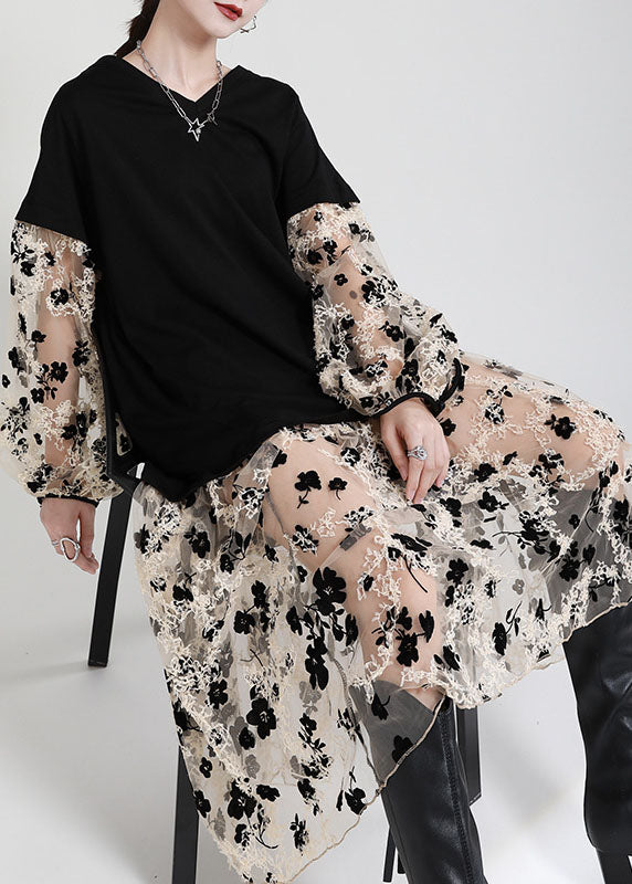 Art Black V Neck Patchwork Pockets Print Fall Vacation Dresses Long sleeve