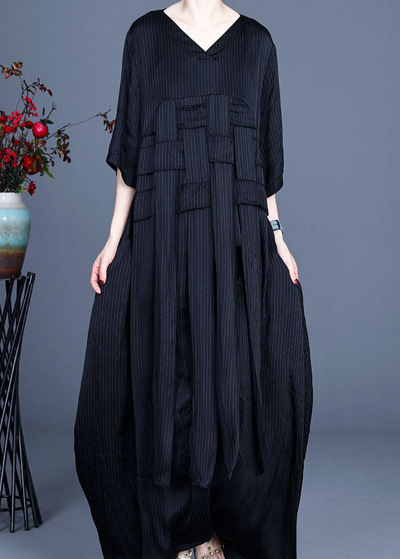 Art Black V Neck Patchwork Silk Dresses Half Sleeve