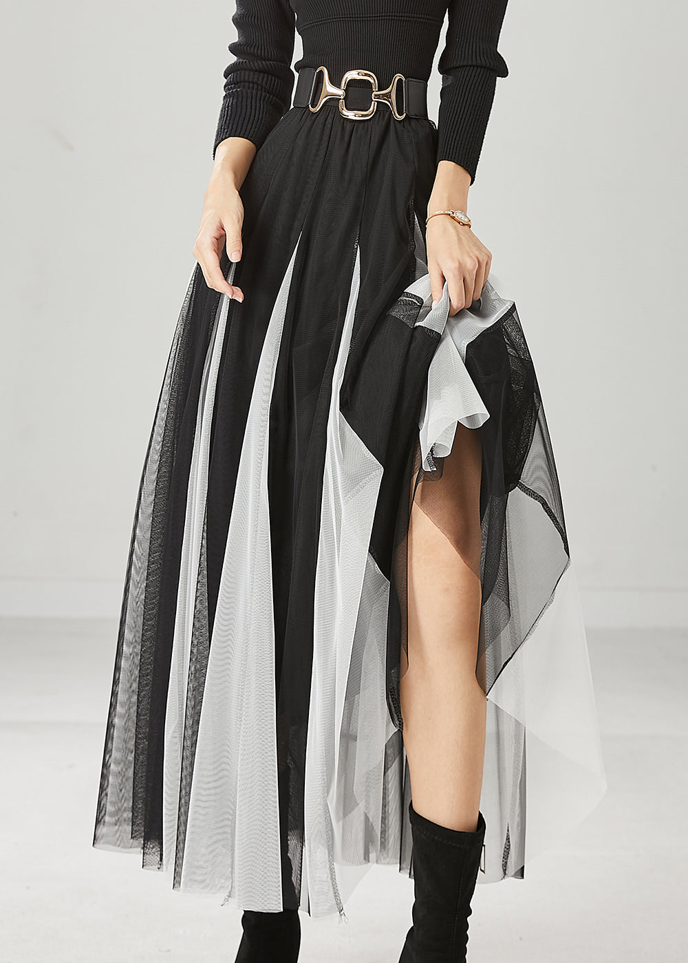 Art Black White Patchwork Tulle Pleated Skirts Spring