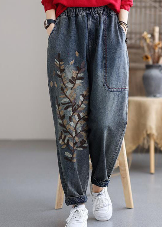 Art Blue Embroideried Pockets Elastic Waist Cotton Denim Harem Pants Fall