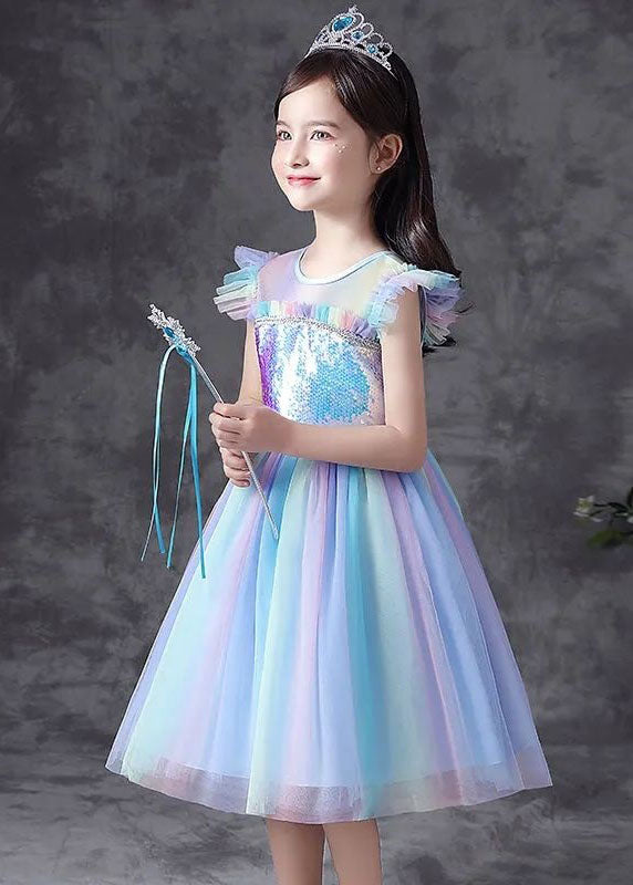 Art Blue Gradient Ruffled Sequins Patchwork Tulle Kids Girls Dresses Summer