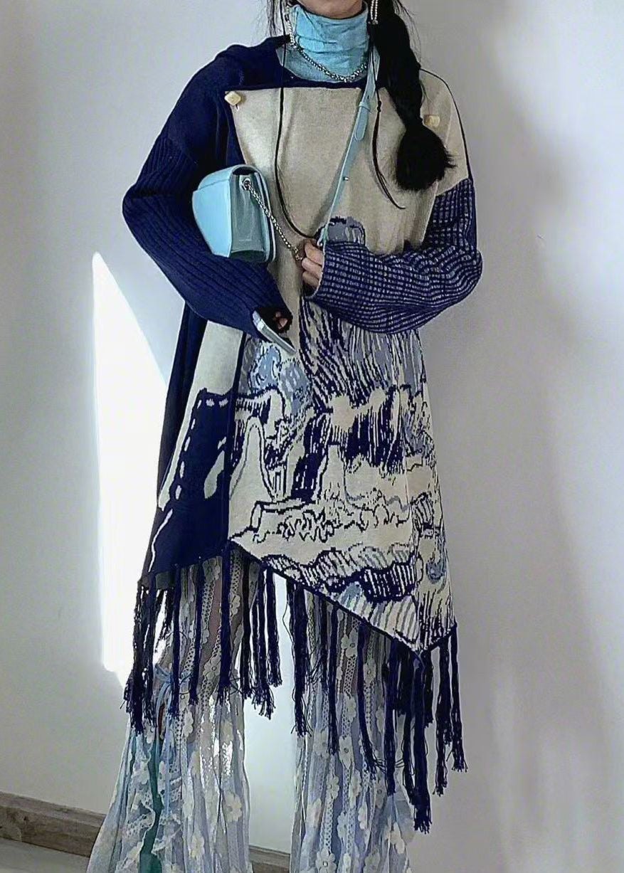 Art Blue Hooded Tasseled Print Knit Dresses Spring