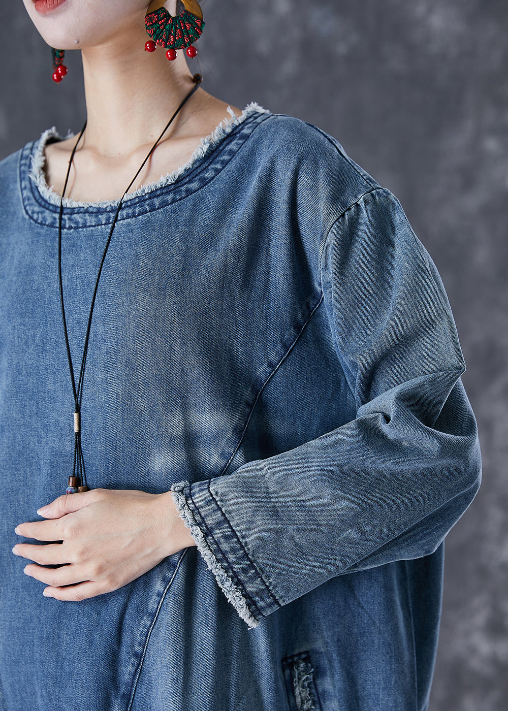 Art Blue Oversized Patchwork Denim Long Dress Fall