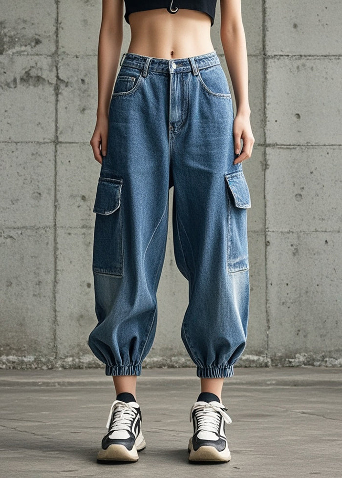 Art Blue Oversized Pockets Denim Beam Pants Spring