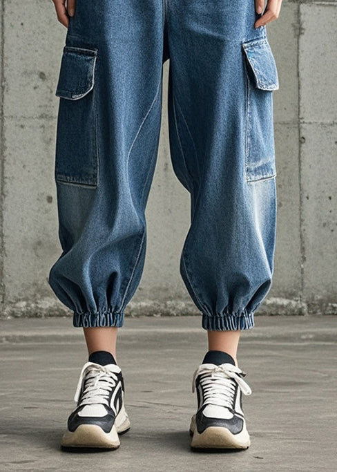 Art Blue Oversized Pockets Denim Beam Pants Spring