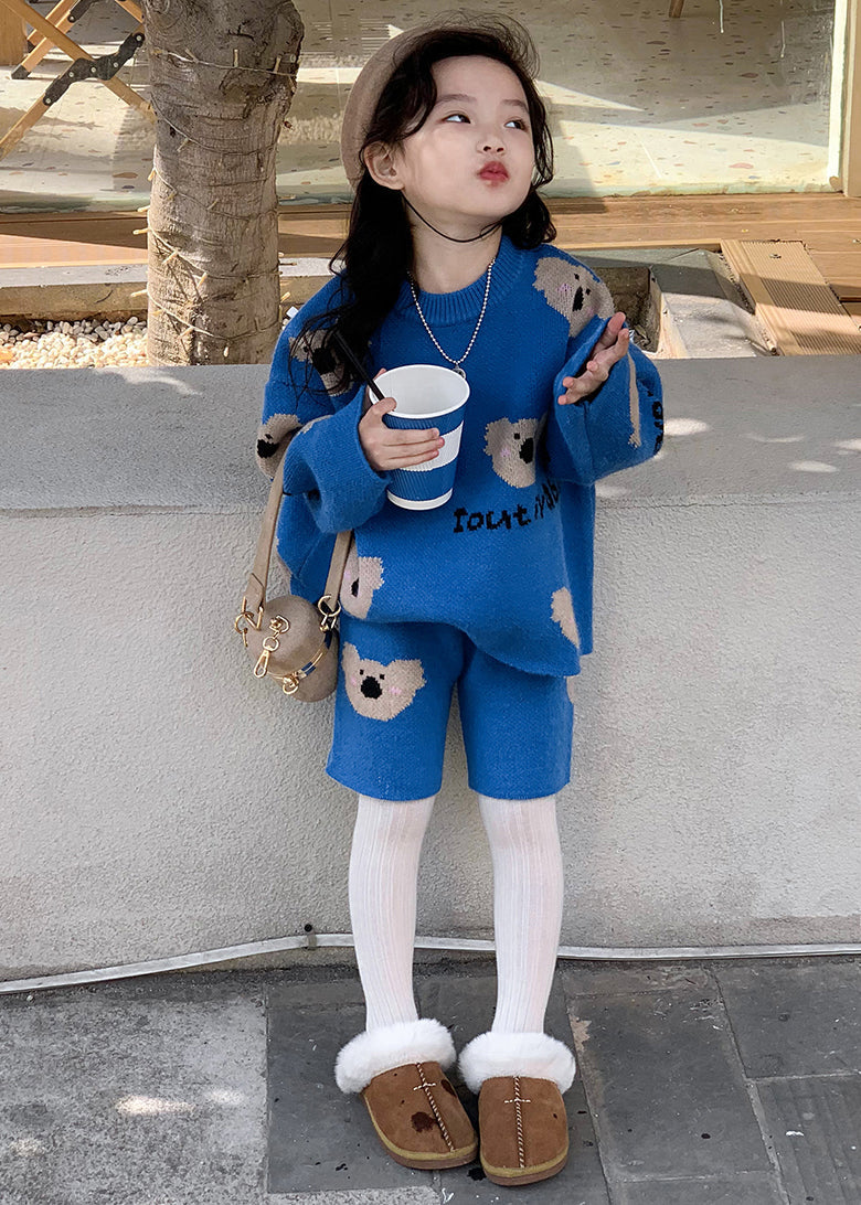 Art Blue Print Cotton Knit Girls Sweatshirt And Shorts Two Pieces Set Winter