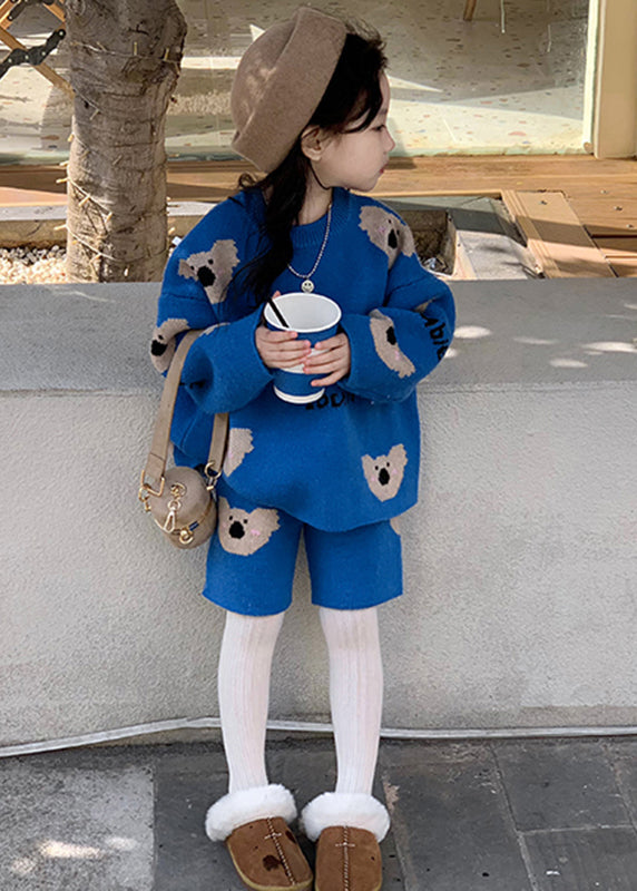 Art Blue Print Cotton Knit Girls Sweatshirt And Shorts Two Pieces Set Winter