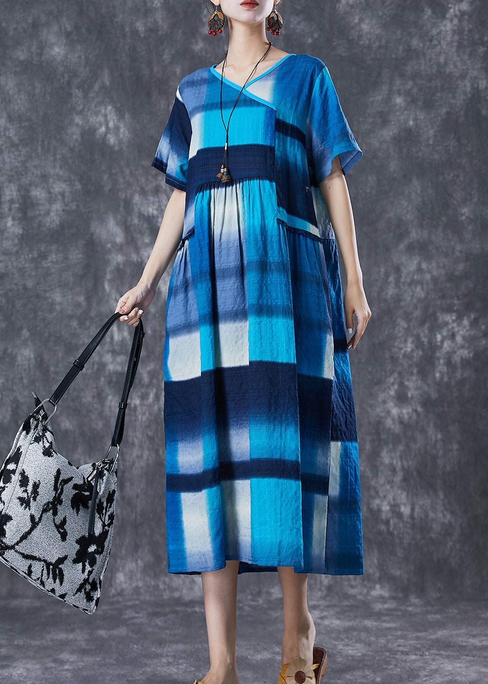 Art Blue Ruffled Patchwork Plaid Cotton Long Dress Summer