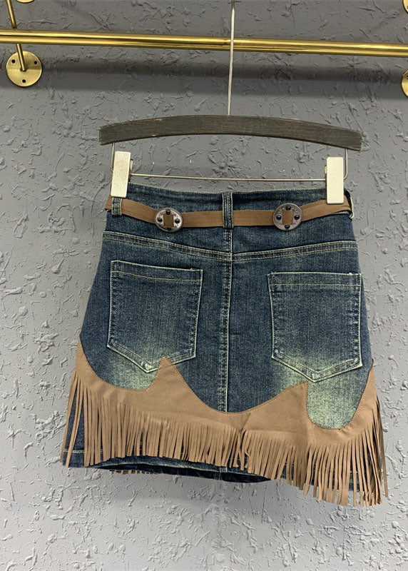 Art Blue Tassel Patchwork High Waist Denim Skirt Summer