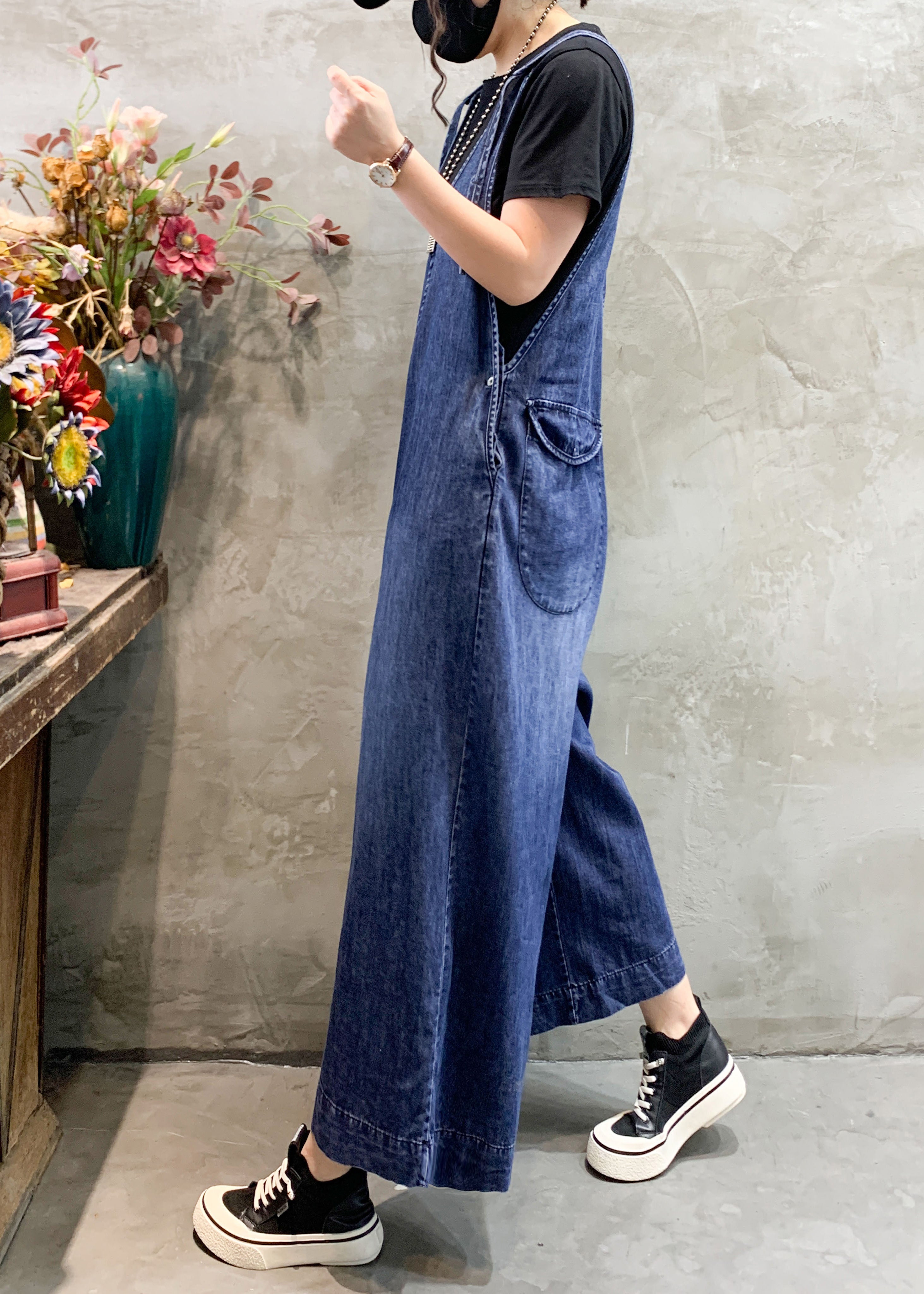 Art Blue V Neck Patchwork High Waist Denim Wide Leg Jumpsuits Spring