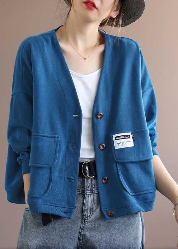 Art Blue V Neck Pockets Button Fall Long sleeve Coat