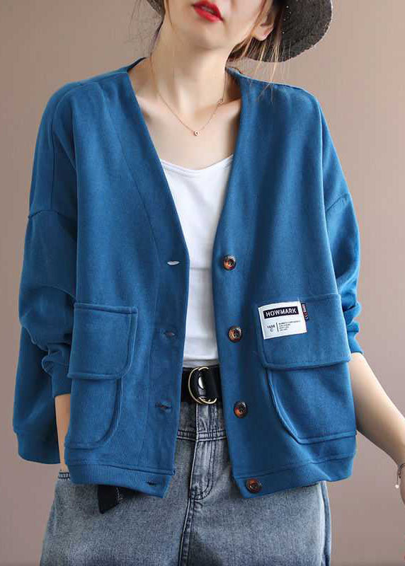 Art Blue V Neck Pockets Button Fall Long sleeve Coat