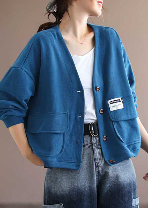 Art Blue V Neck Pockets Button Fall Long sleeve Coat