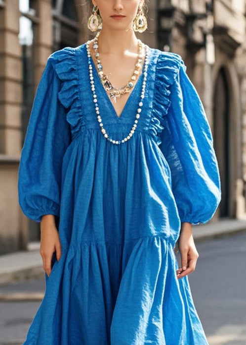 Art Blue V Neck Ruffled Cotton Vacation Dress Spring