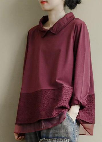 Art Burgundy Patchwork Baggy Shirt Clothes Lapel