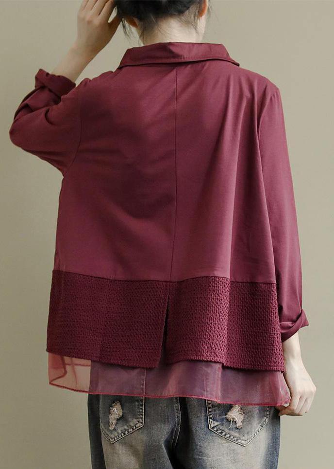 Art Burgundy Patchwork Baggy Shirt Clothes Lapel