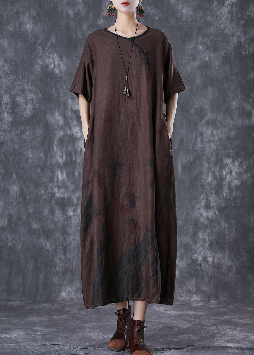 Art Chocolate Print Side Open Linen Dresses Summer