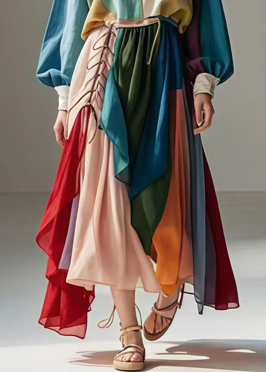 Art Colorblock Asymmetrical Patchwork Cotton Robe Dresses Spring