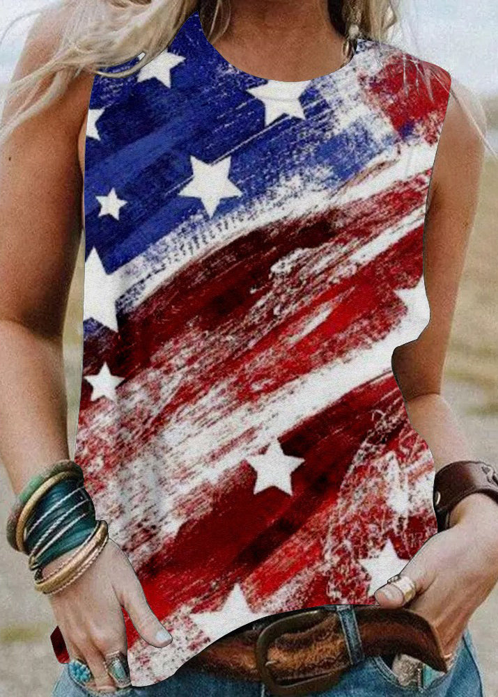 Art Colorblock O-Neck Independence Day Print Cotton Tank Sleeveless