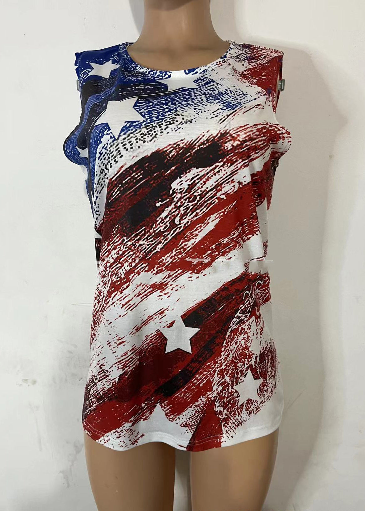 Art Colorblock O-Neck Independence Day Print Cotton Tank Sleeveless