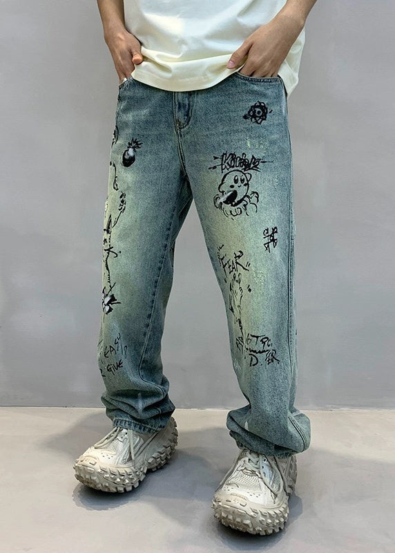 Art Denim Blue High Wais Print Mens Pants