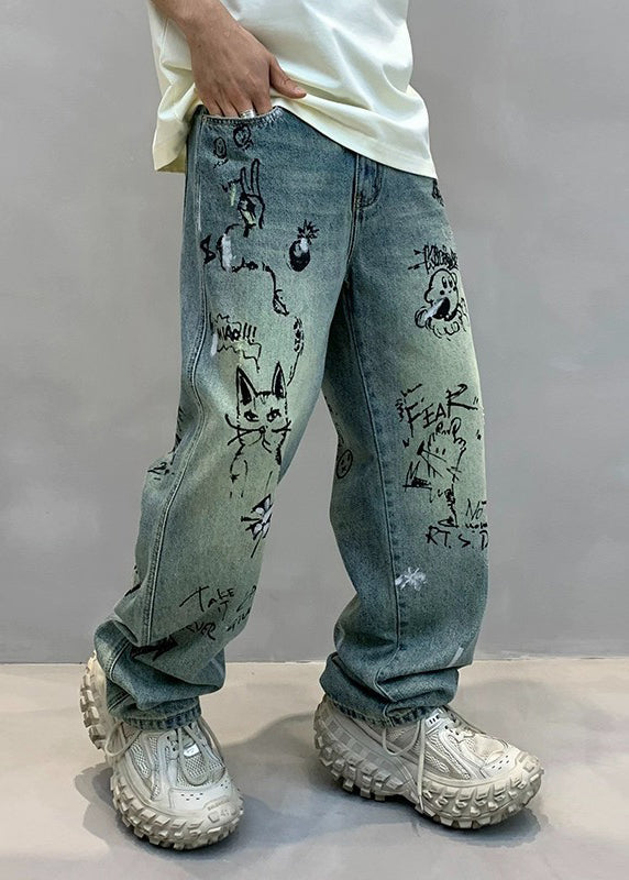 Art Denim Blue High Wais Print Mens Pants