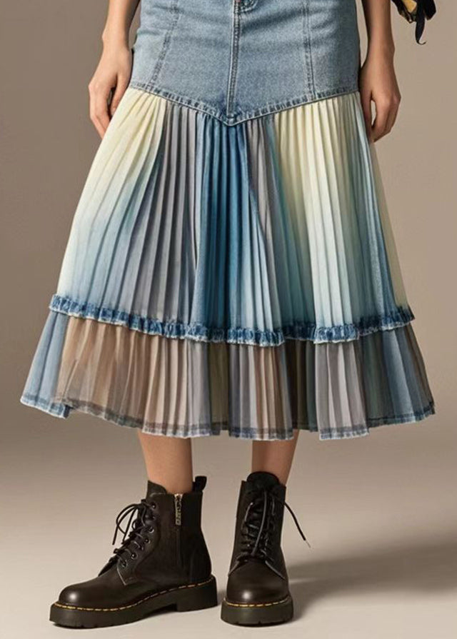 Art Denim Blue Wraped Patchwork Tie Dye Pleated Skirts Fall