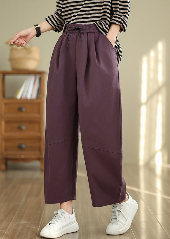 Art Dull Purple Elastic Waist Oversized Cotton Pants Fall