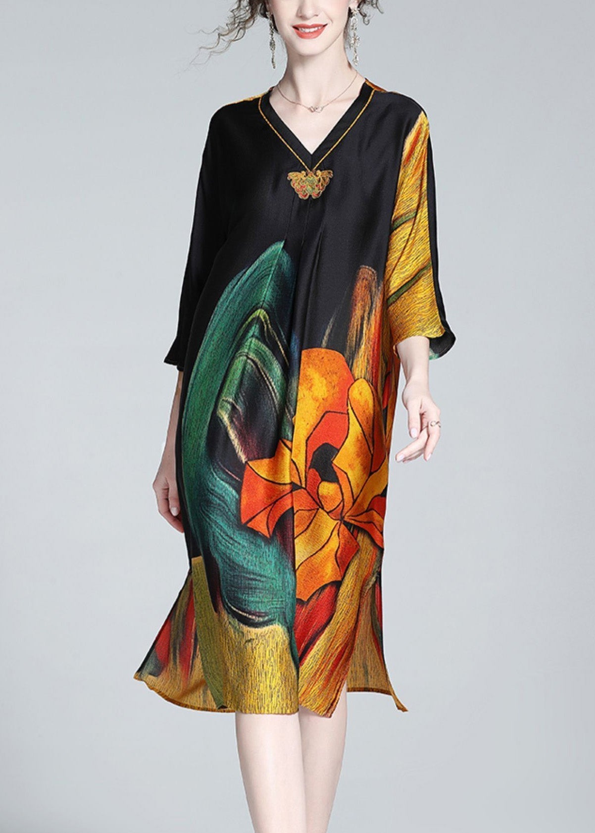 Art Embroideried Print Side Open Maxi Dress Spring