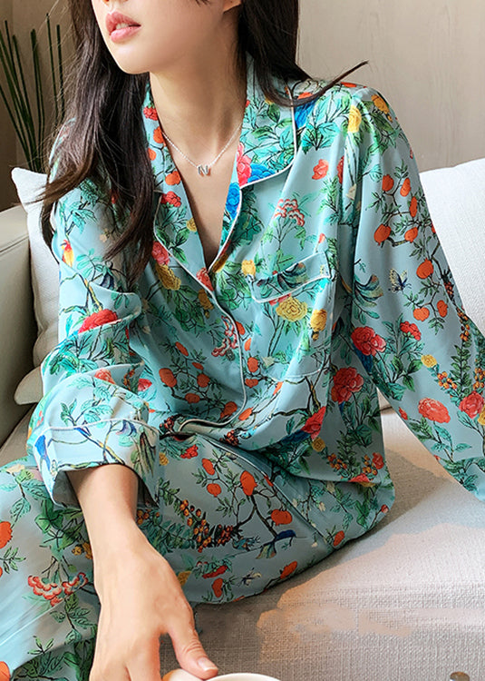 Art Green Notched Print Button Ice Silk Pajamas Two Pieces Set Long Sleeve