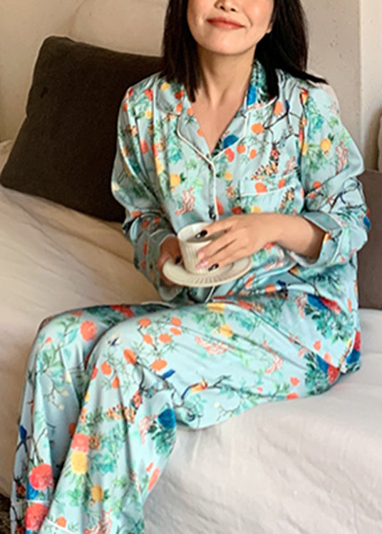 Art Green Notched Print Button Ice Silk Pajamas Two Pieces Set Long Sleeve