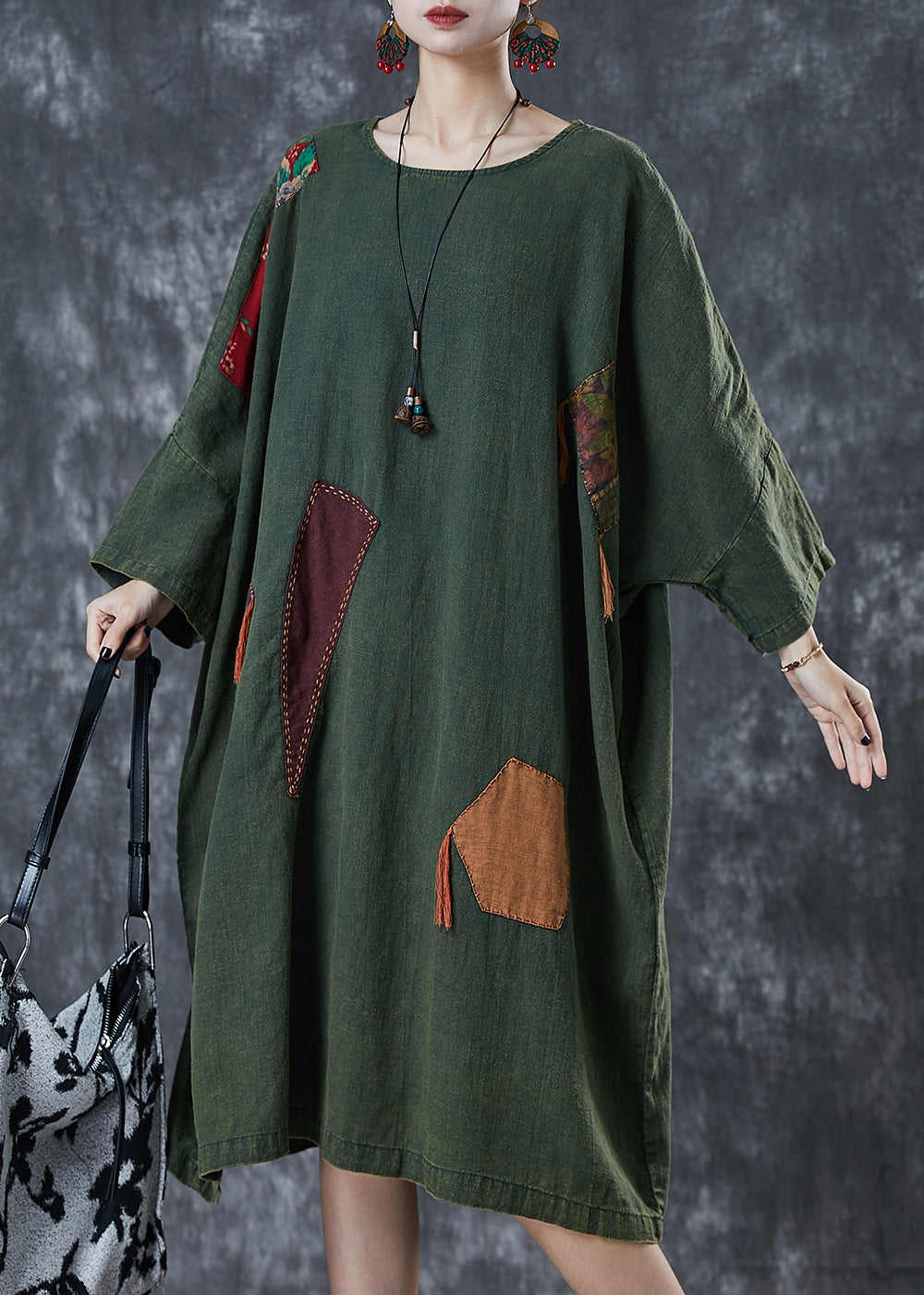 Art Green Oversized Patchwork Applique Linen Dress Batwing Sleeve